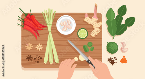 A vibrant flat lay showcasing fresh chili peppers, lemongrass, and spices. Ideal for food blogs, recipe websites, or advertising ingredients for Asian