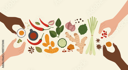 A vibrant illustration depicting hands exchanging spices, representing culinary collaboration and the sharing of flavors. Perfect for food blogs, reci