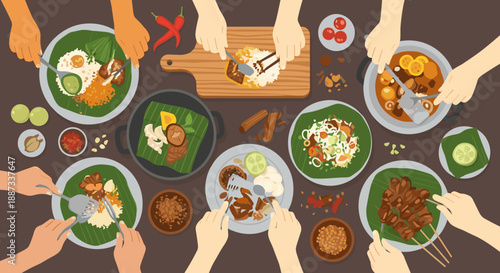 A vibrant, top-down view of people sharing a traditional meal, creating a sense of togetherness and cultural experience. Ideal for food blogs or hospi