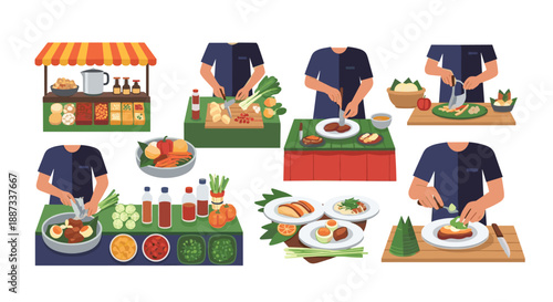 A vibrant illustration of a bustling street food stall. Perfect for promoting food businesses, travel destinations, or representing local cuisine and 