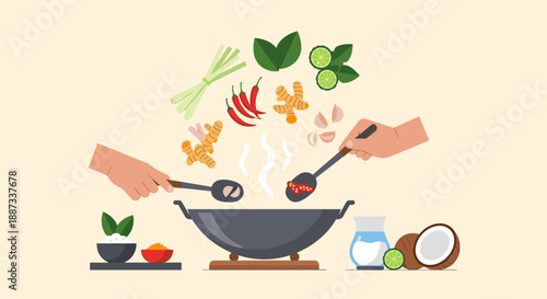 A vibrant, flat-lay illustration of Thai cuisine ingredients being prepared. Ideal for food blogs, restaurant menus, or articles about cooking and hea