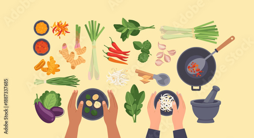 A vibrant flat lay showcasing fresh Thai ingredients. Ideal for food blogs, restaurant menus, and articles on international cuisine and healthy eating