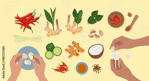 A vibrant illustration showcasing key ingredients for Thai cooking. Ideal for recipe blogs, food-related marketing, or illustrating cultural cuisine.
