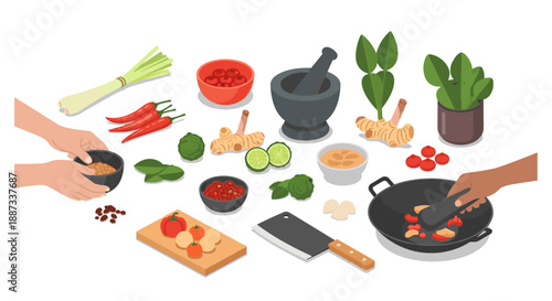 A vibrant, flat-lay illustration showcasing ingredients used in Thai cooking. Perfect for blog posts, recipes, or marketing content related to food an