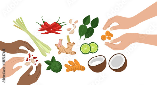 A vibrant illustration depicting various Thai cooking ingredients, ideal for food blogs, restaurant menus, or content related to Asian cuisine and cul