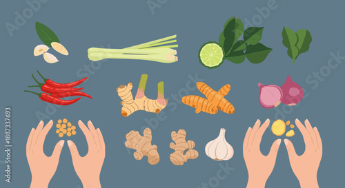 A vibrant flat lay illustration of key Thai cooking ingredients. Perfect for food blogs, recipes, or restaurant marketing focused on authentic flavors