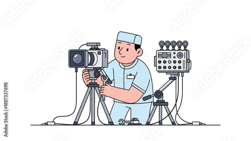 Cartoon Filmmaker with Camera and Sound Recording Equipment