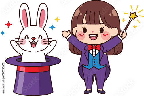 Cute cartoon magician girl performing magic trick with rabbit, adorable fantasy illustration, kids magic show character, isolated on white background
