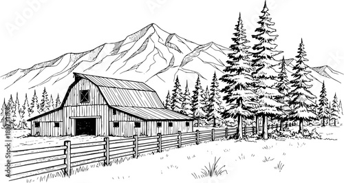 Sketch of rustic barn with wooden fence and pine trees against mountain range. Vector hand drawn illustration