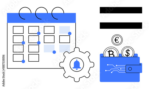 Calendar, gear with notification icon, and cryptocurrency wallet with coins, representing financial planning, scheduling, automation, payment management, saving, budgeting deadlines and a simple