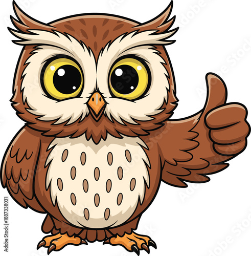 Cute cartoon owl mascot giving thumbs up, smiling wise bird character illustration, friendly animal icon design, isolated on white background