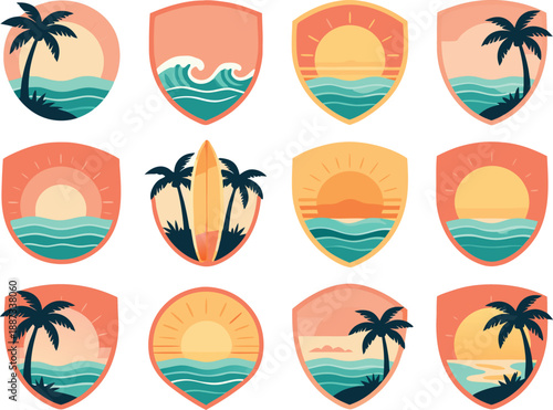 Tropical beach sunset emblems with palm trees and ocean waves for summer vacation designs, Tropical sunset badge icons
