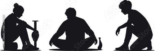 Family time silhouette illustration of three people sitting and opening wine bottles.eps