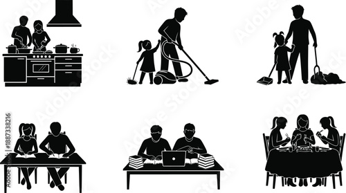 People Working and Socializing Together at Home in Various Domestic Activities.eps