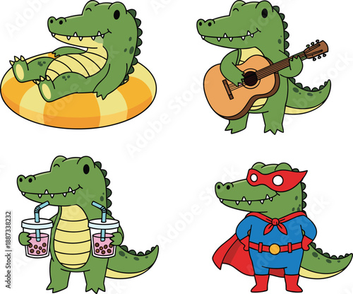 Cute crocodile cartoon character set illustration, funny animal mascot poses, relaxing music drink superhero, kids playful design