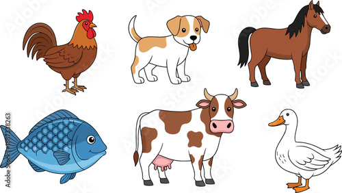 Cute farm animals cartoon illustration set, cow dog horse chicken fish duck characters, educational children learning, colorful vector collection