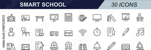 Smart school line icons. With classroom, teacher, student, book, computer, wifi, lab, and learning tools. For apps, web, UI, education, and academic projects.