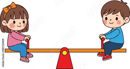 Cute kids playing seesaw, happy boy and girl on playground toy, childhood fun activity illustration, children balance game cartoon