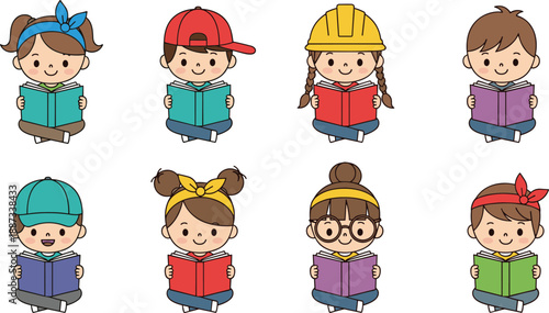 Cute kids reading books illustration set, children learning education concept, boys and girls studying happily, colorful cartoon vector collection