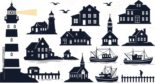 Collection of diverse lighthouse designs in black and white illustration