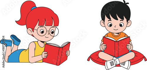 Cute kids reading books illustration, boy and girl studying happily, education concept, childhood learning cartoon vector design