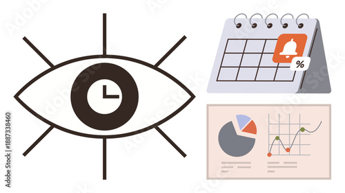 Time management, productivity, organization, scheduling, data analysis, efficiency. Eye with clock, calendar with reminder icon charts. Time management and productivity concept