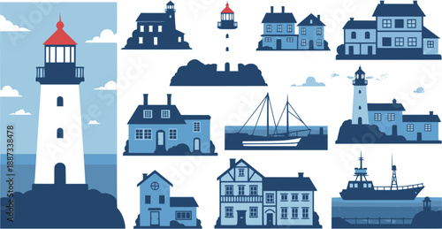 Collection of diverse lighthouse designs in black and white illustration