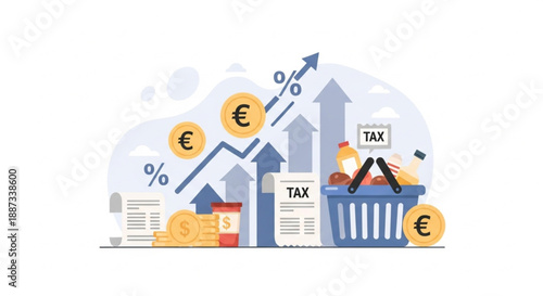 EU Cost of Living Crisis Illustration, Value Added Tax and Rising Prices Affecting Household Expenses, Euro Economy Vector
