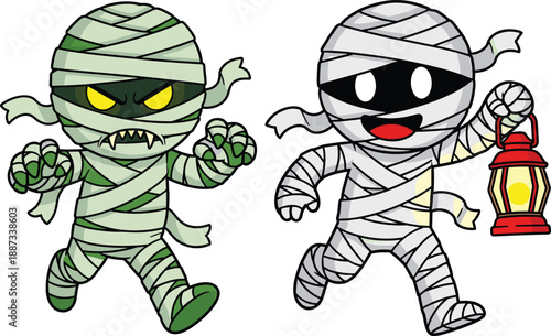 Cute mummy cartoon characters, funny and scary halloween monsters, spooky illustration, kids fantasy design, playful horror concept, vector style
