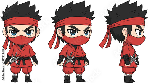 cute ninja cartoon character set, front side back views, chibi warrior boy in red costume, vector illustration isolated