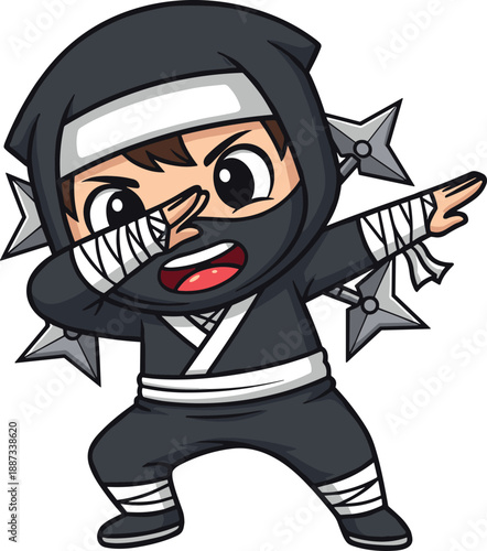 Cute ninja cartoon character illustration, funny kid warrior performing dab pose, chibi style, isolated on white background, vector graphic design