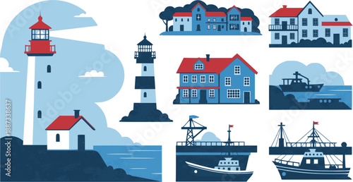 Collection of diverse lighthouse designs in black and white illustration