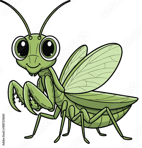 Cute praying mantis cartoon illustration, green insect character with big eyes, friendly nature bug design, educational wildlife artwork, playful mascot style