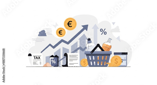 European Consumer Spending and Inflation Growth Concept, VAT Tax, Price Increase and Shopping Basket with Euro Symbols Vector