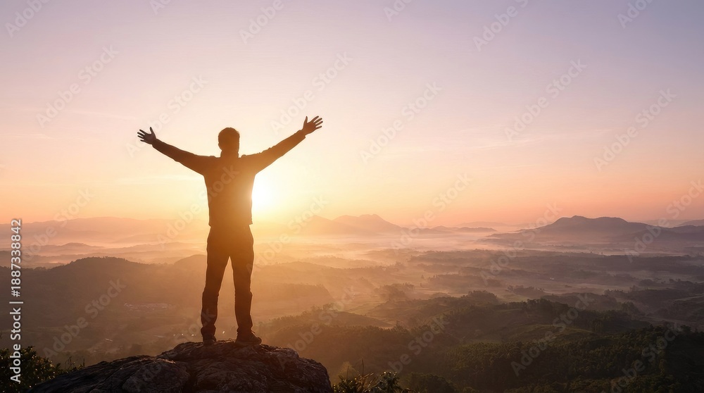 Fototapeta premium Silhouetted man with arms raised in celebration on a rocky outcrop against a vibrant sunrise over misty hills