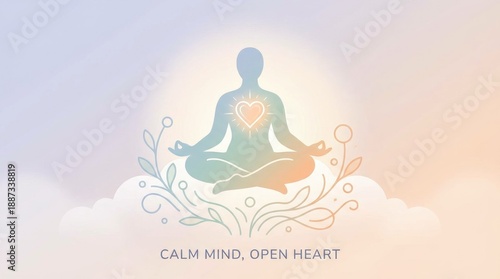 Meditating Silhouette with Glowing Heart and Floral Wellness Elements