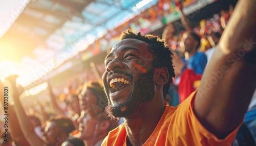 Jubelnder Fußballfan im Stadion bei Sonnenlicht und ausgelassener Stimmung