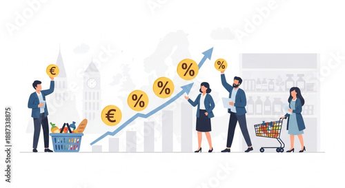 EU Cost of Living and Inflation Growth Illustration, European Consumers Facing Rising Prices, Percentage Increase and Euro Currency Vector