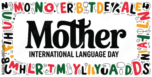 Mother language day festive design with decorative alphabet border and bold text