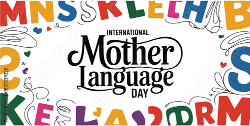 International mother language day elegant script lettering colorful playful alphabet background design concept