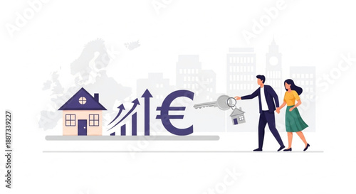 EU Property Market and Mortgage Interest Rate Increase Concept, Housing Prices, Inflation and Euro Economy Vector Graphic