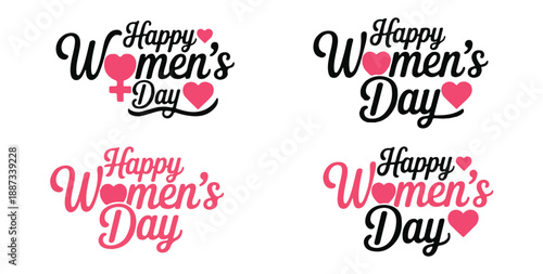 Set of four happy women's day logo designs feminine font hearts decoration international holiday greeting