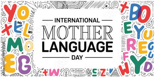 International mother language day banner with modern outline typography doodle background and colorful alphabet