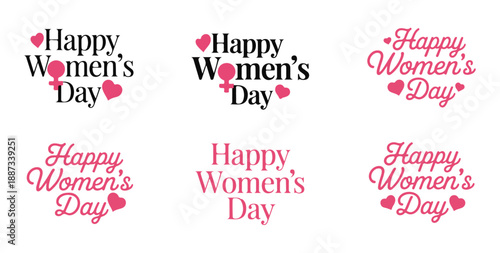 Collection of happy womens day typographic emblems with pink accents