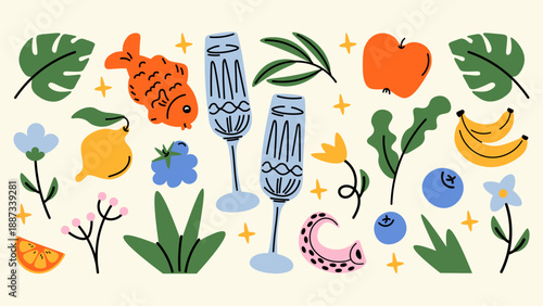 Summer cartoon sticker set with cocktails, juicy fruits, flowers, tropical plants, octopus and fish. Light coastal doodle, groovy vibe.