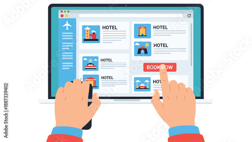 Booking Hotel Online: Hands Pointing at Laptop Screen