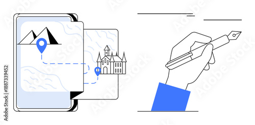 Tablet displaying map with location pin between mountains and castle, hand holding pen in action. Ideal for travel planning, creativity, education, navigation, documentation, storytelling