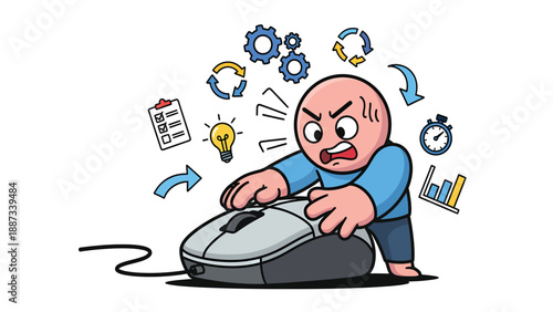Overwhelmed Office Worker Cartoon: Frustrated with Computer Mouse