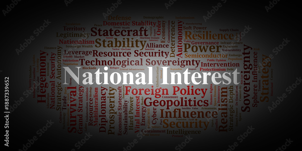 Fototapeta premium National Interest Word Cloud. Core Concepts in Statecraft and Global Strategic Goals