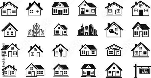 Collection home icons. House symbol. Set of real estate objects and houses black icons isolated on white background. Vector illustration.